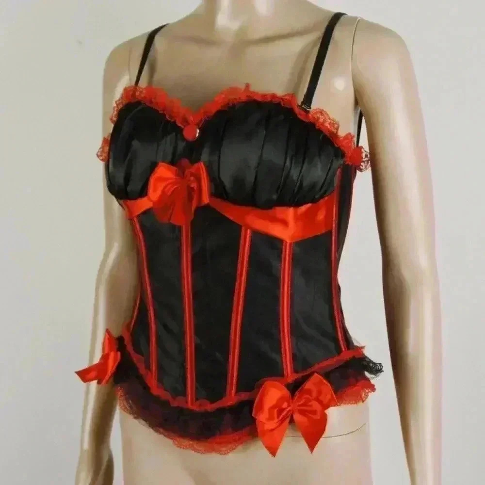 Vintage Y2K Goth Black Red Lace Bow Detail Corset Top